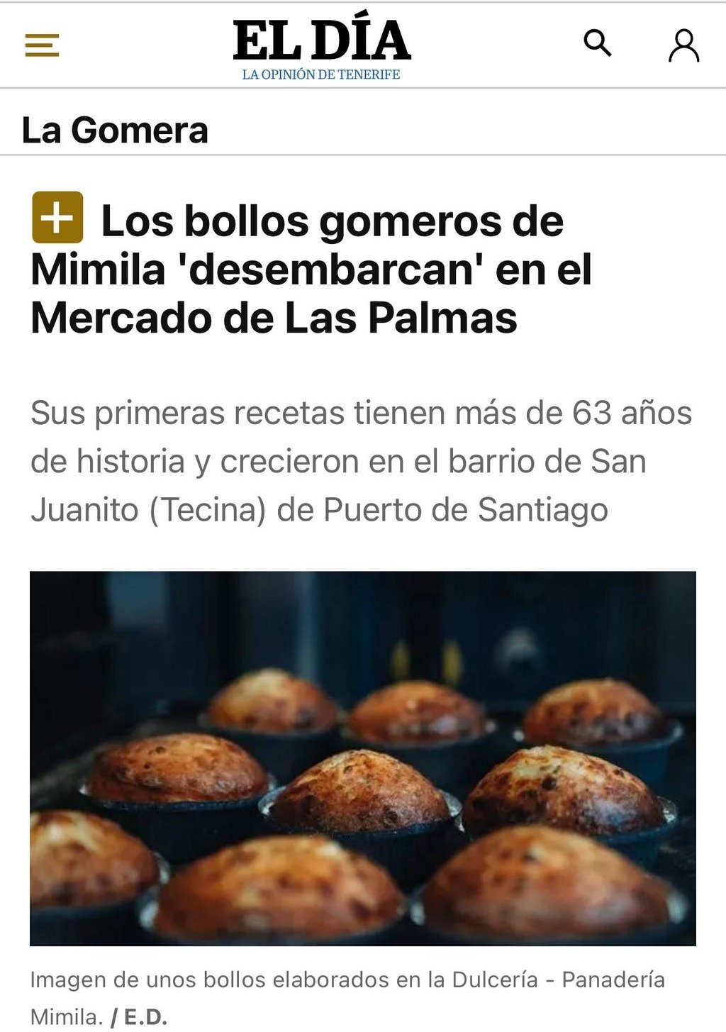 Reportaje sobre los bollos gomeros de Mimila en el periódico El Día